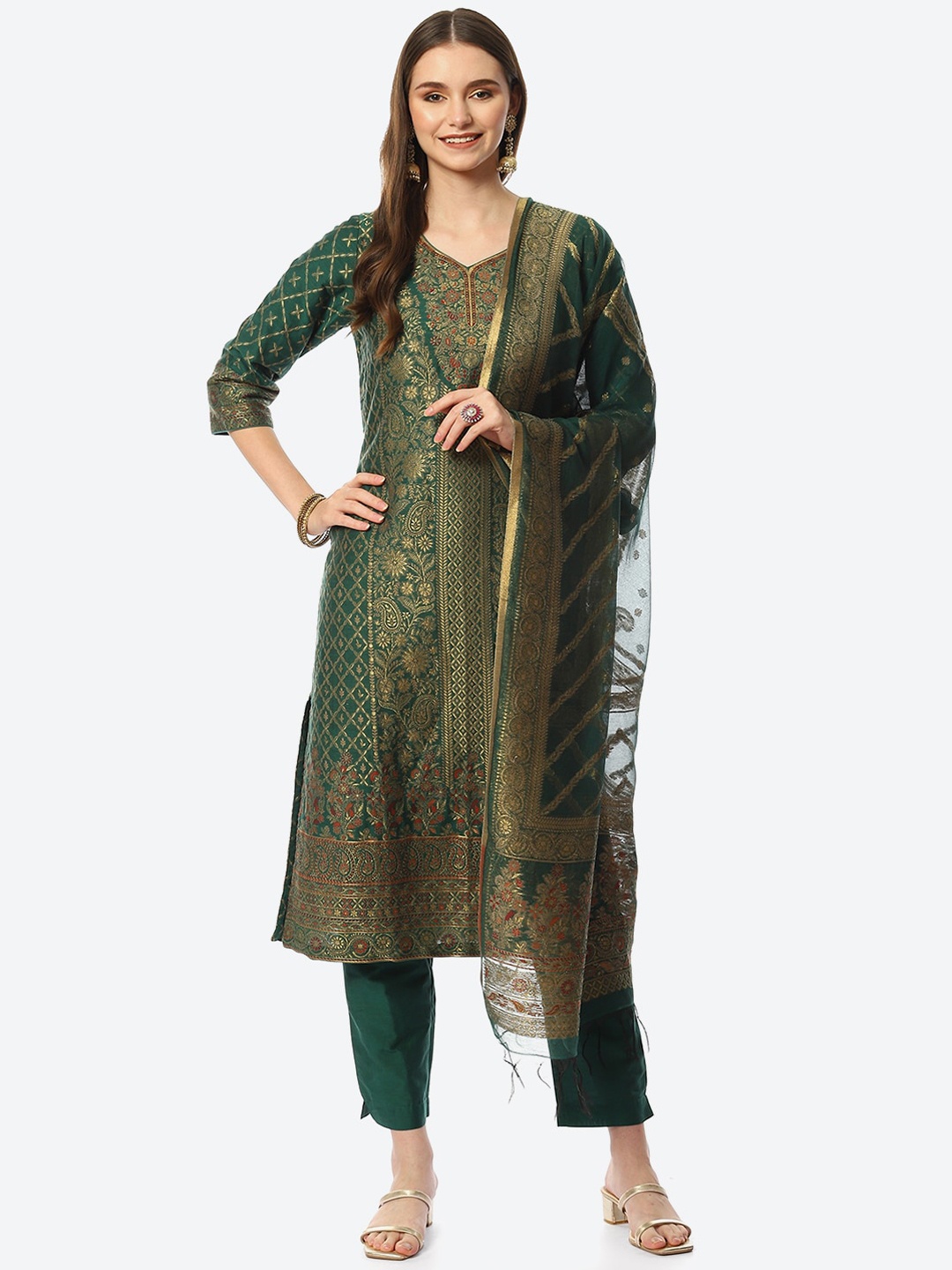 

Biba Women Green Floral Printed Kurta with Trousers & With Dupatta