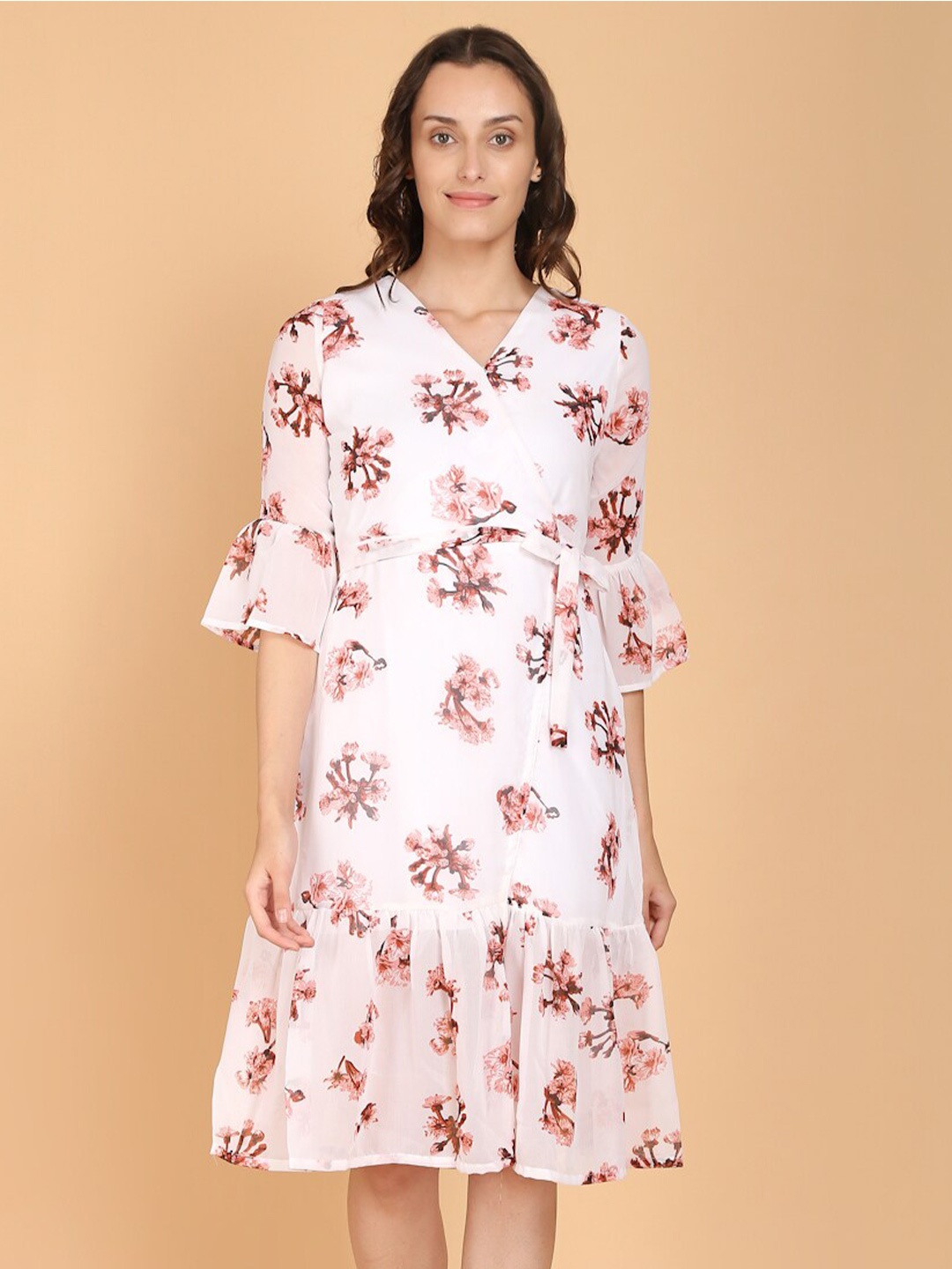 

DESI WOMANIYA Women White Floral Georgette A-Line Midi Dress