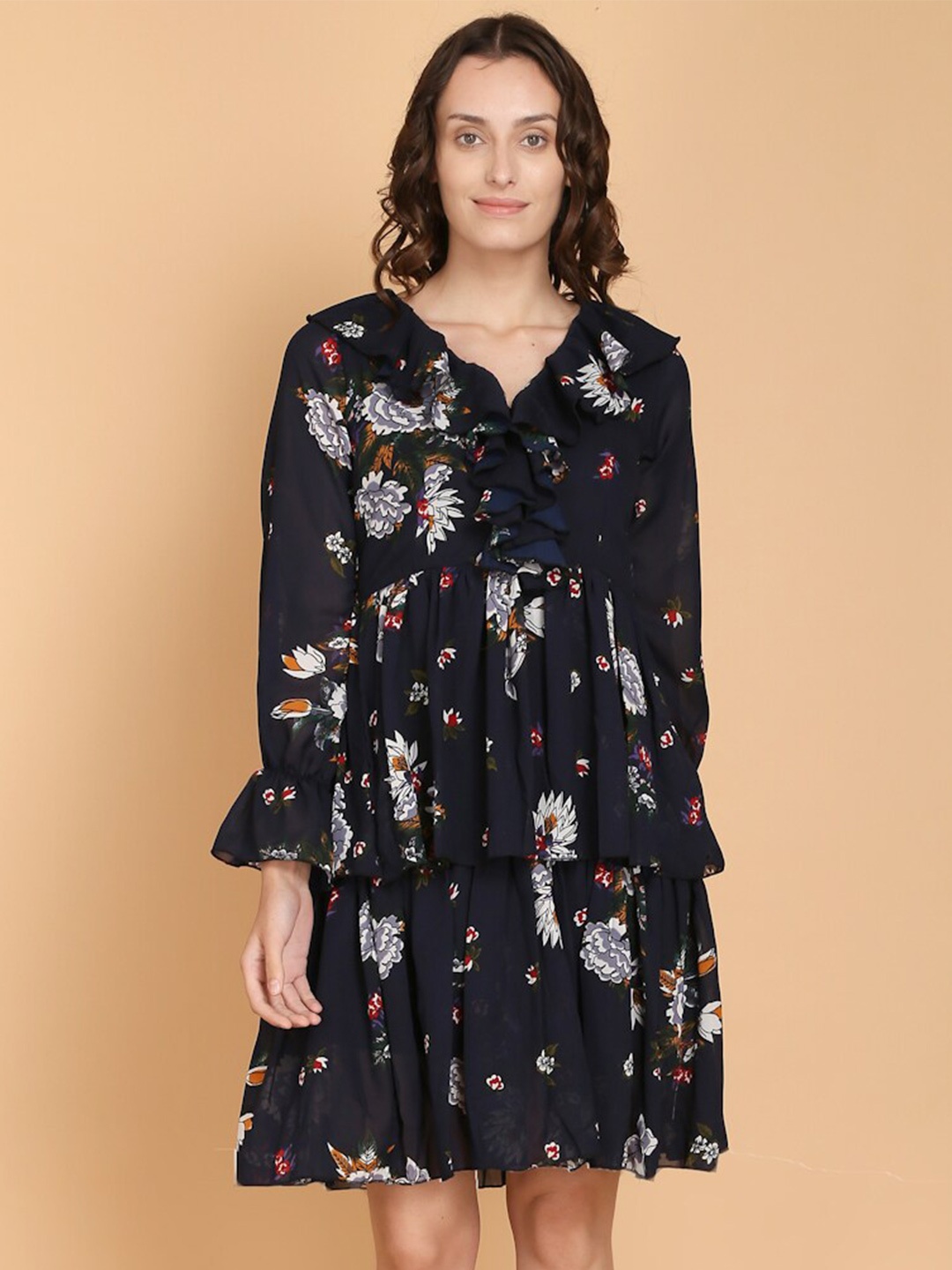

DESI WOMANIYA Women Navy Blue & White Floral Printed Georgette Fit & Flared Ruffled Dress