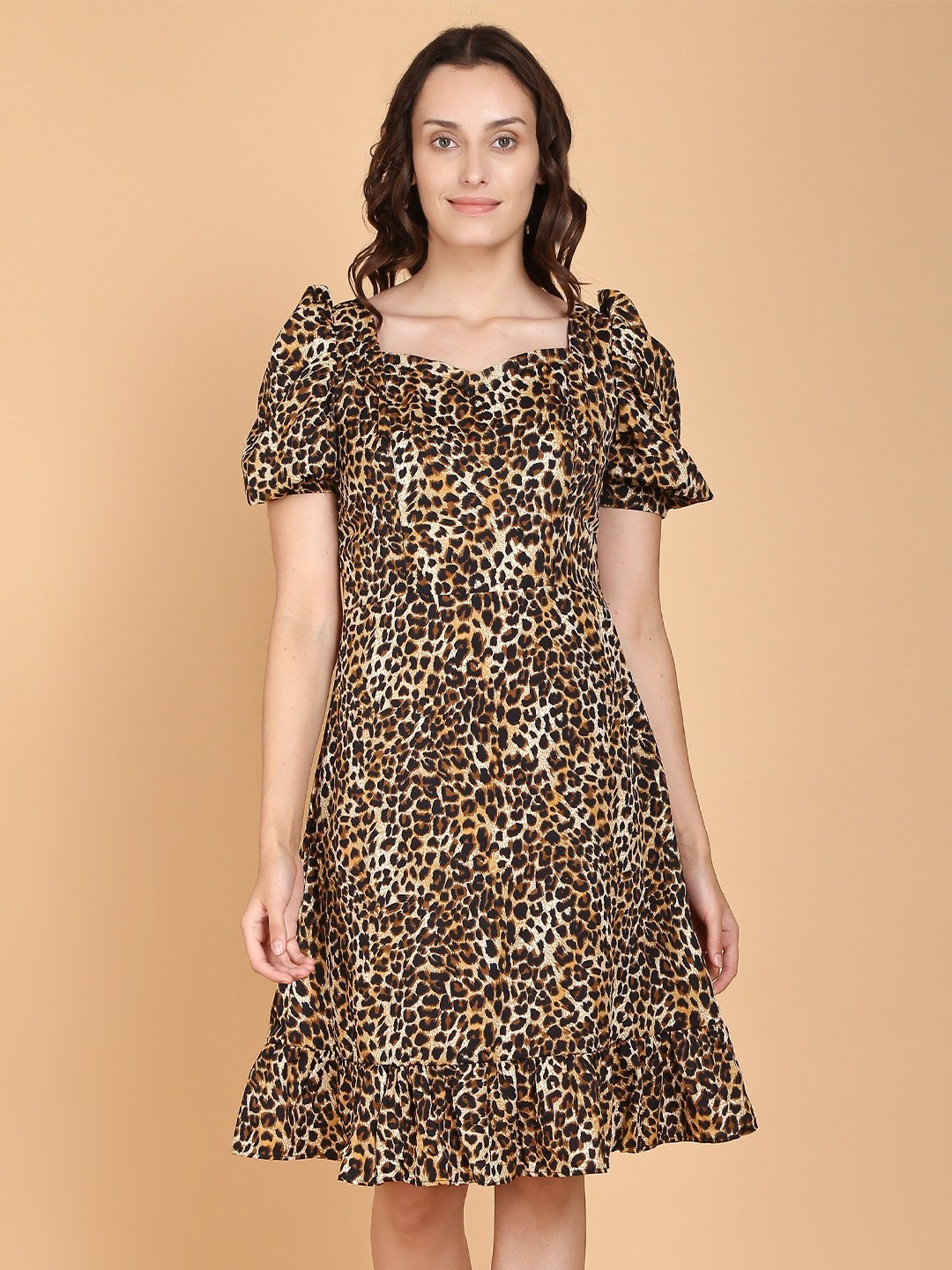 

DESI WOMANIYA Beige Animal Off-Shoulder Crepe A-Line Dress