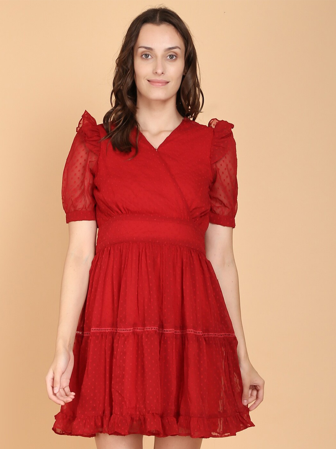 

DESI WOMANIYA Red Ruffled Georgette Fit and Flare Dress