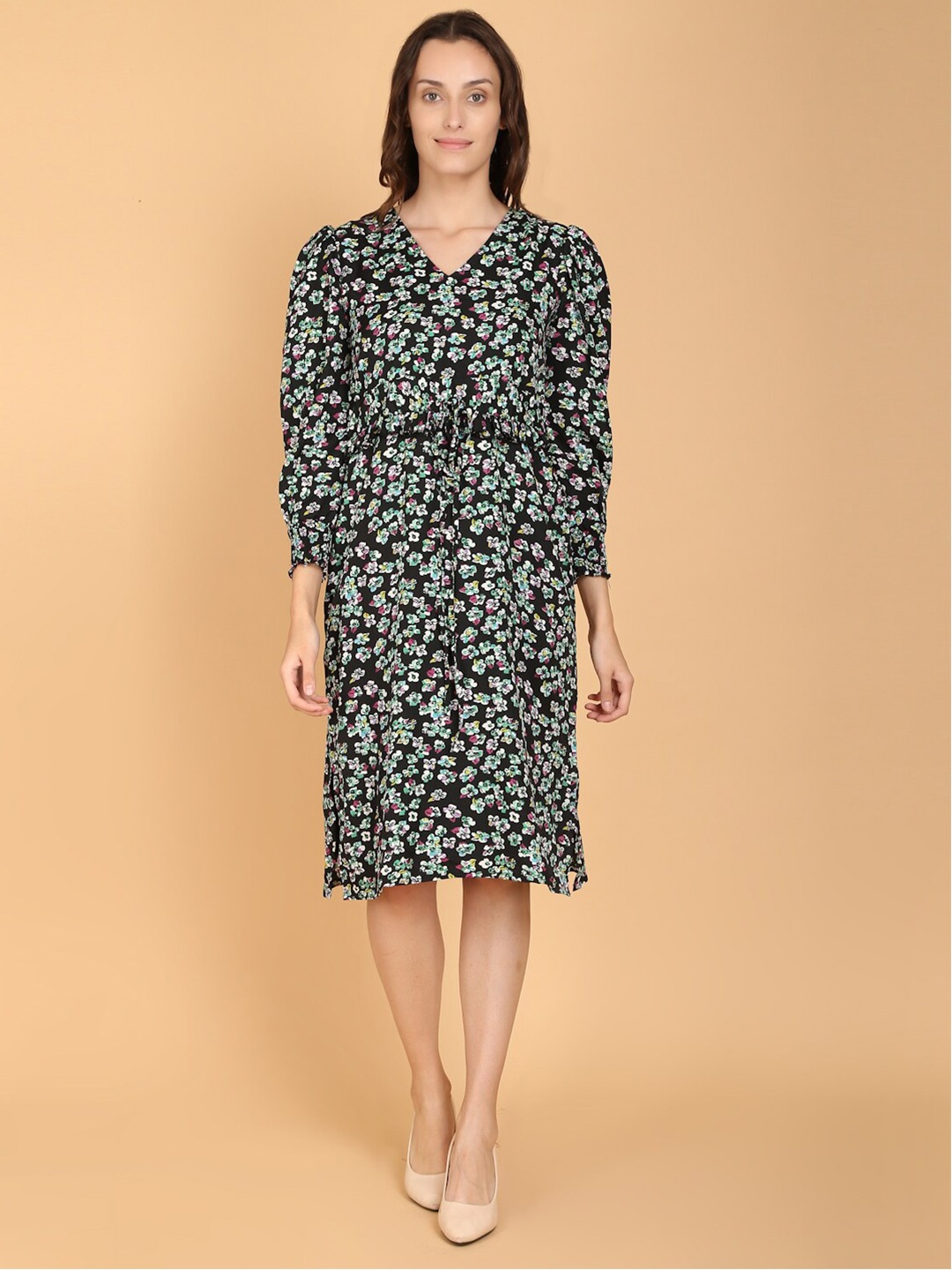 

DESI WOMANIYA Women Black Animal Crepe Shirt Dress