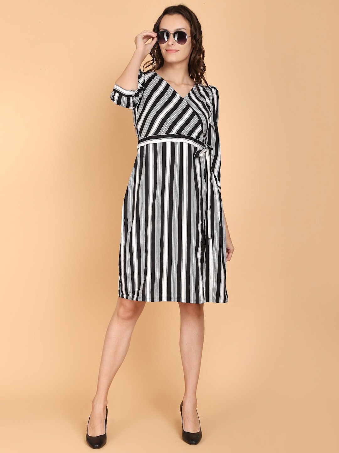 

DESI WOMANIYA Black & White Striped Crepe Dress