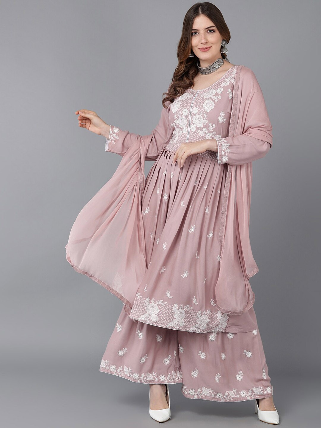 

AHIKA Women Mauve Floral Embroidered Pleated Kurta with Sharara & With Dupatta