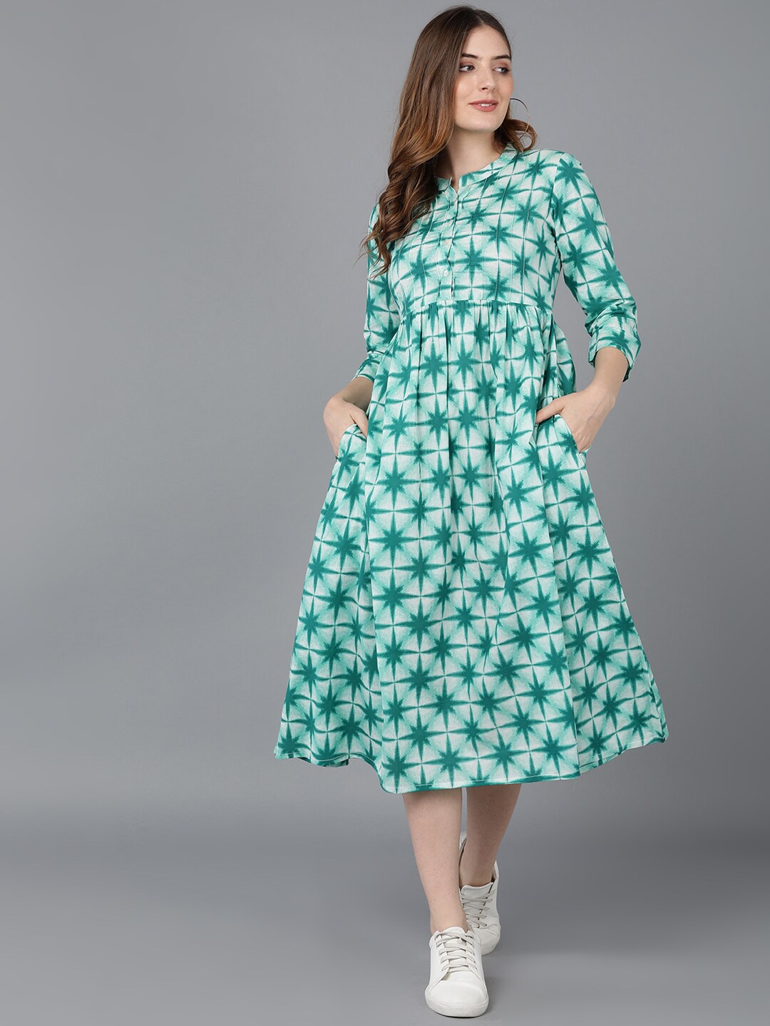 

AHIKA Women Sea Green Floral A-Line Cotton Midi Dress