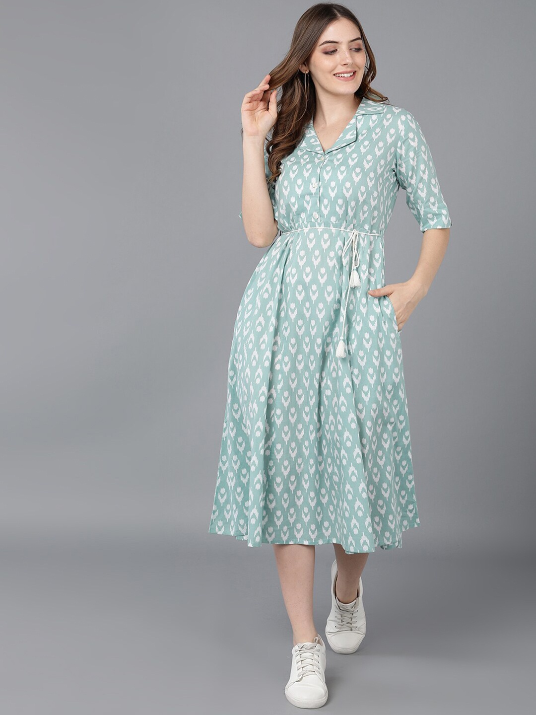 

AHIKA Women Sea Green Ethnic Motifs Print Cotton Midi Dress