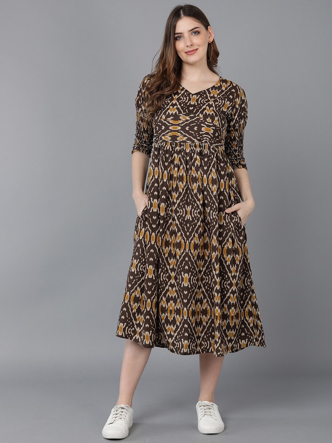 

AHIKA Women Coffee Brown Printed Cotton A-Line Midi Dress