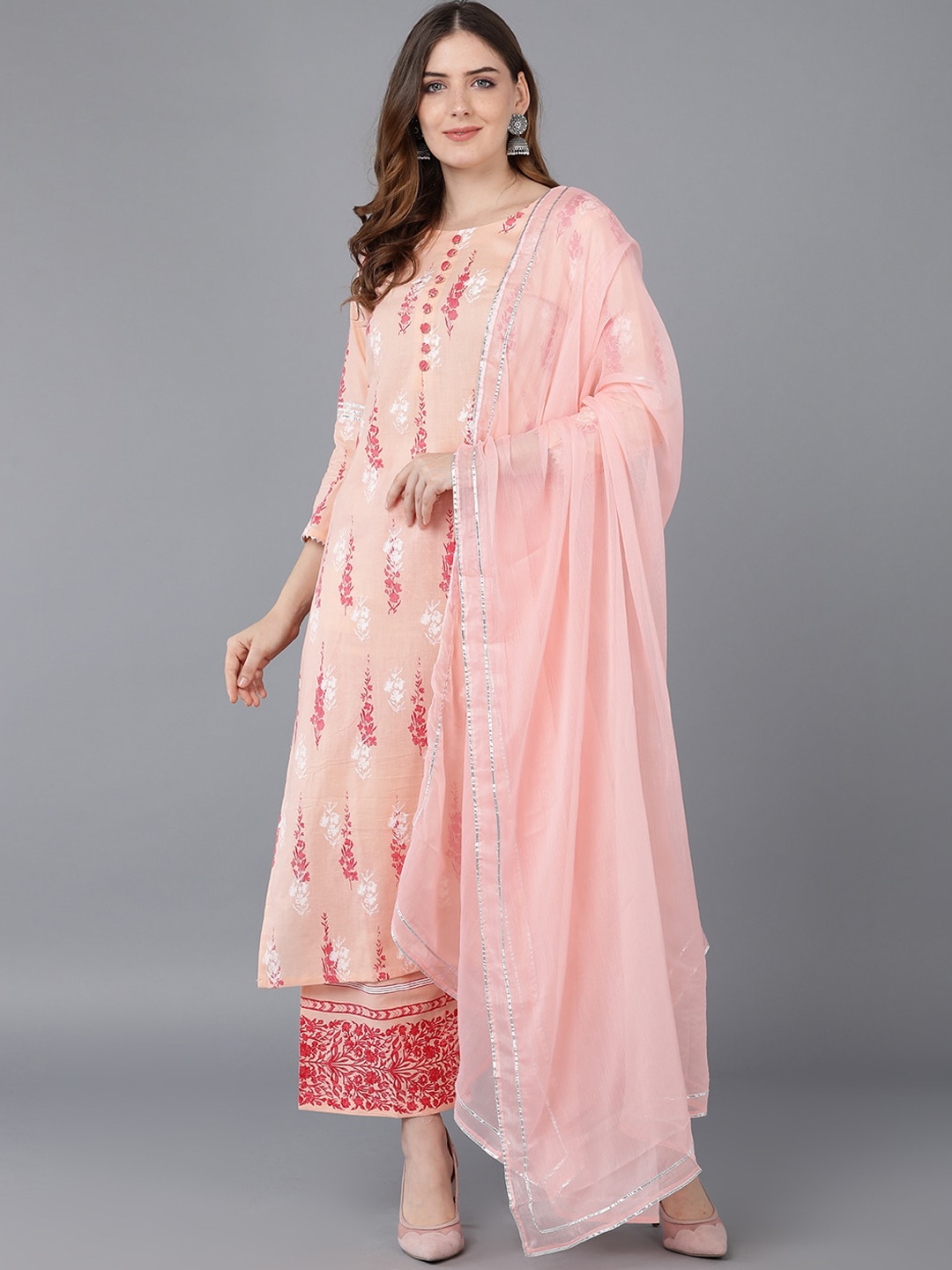 

AHIKA Women Pink & White Printed Pure Cotton Kurta with Palazzos & With Dupatta