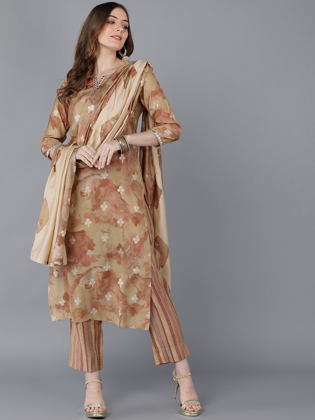 

AHIKA Women Brown Ethnic Motifs Printed Kurta with Trousers & With Dupatta