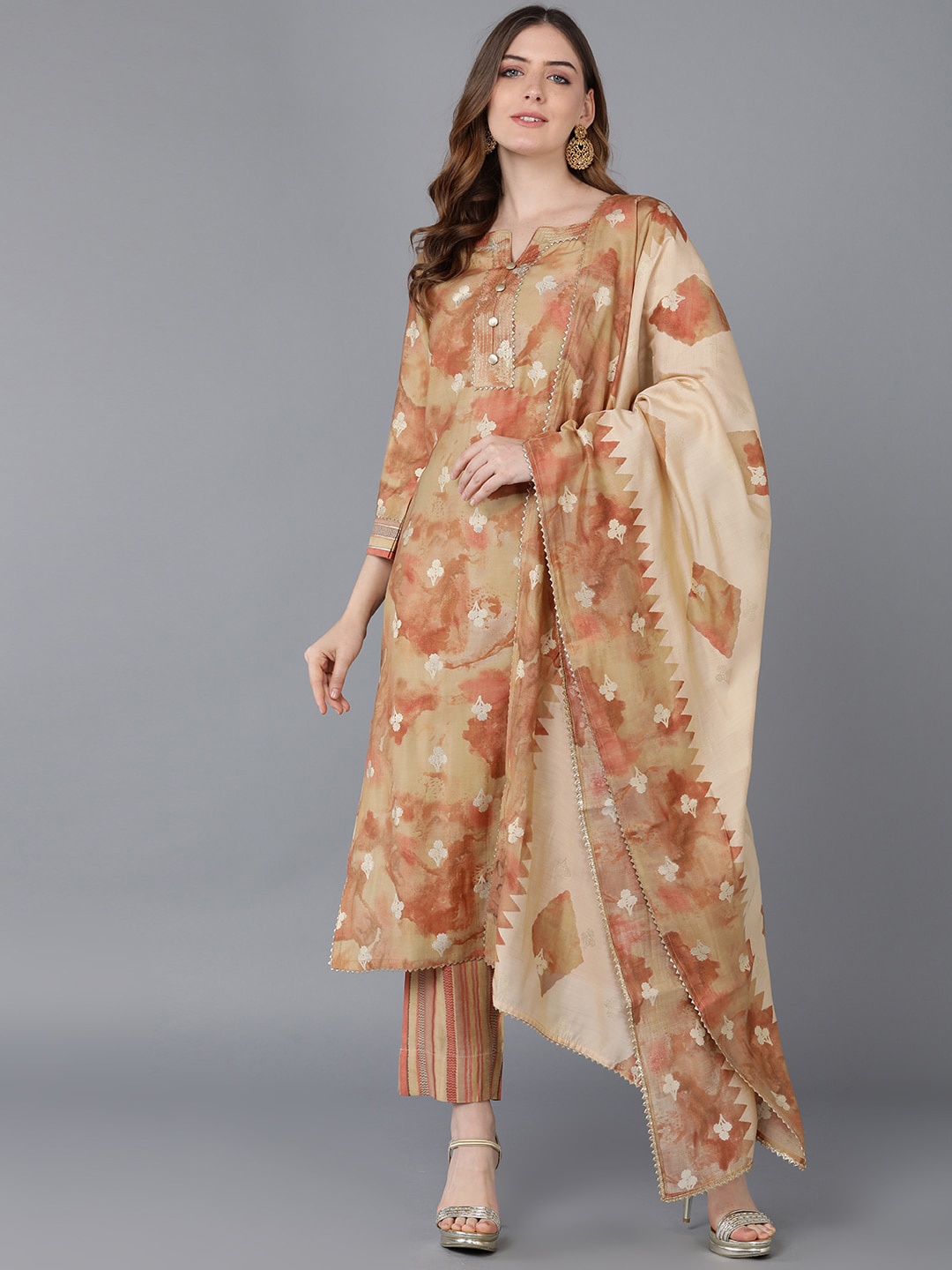 

AHIKA Women Mustard Yellow Floral Printed Kurta with Trousers & With Dupatta