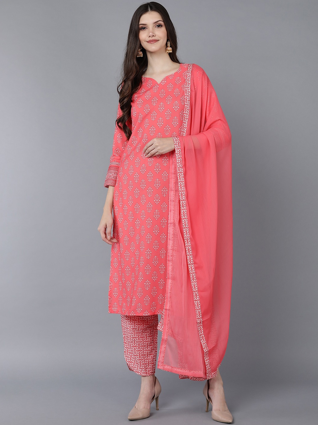 

AHIKA Women Peach-Coloured Ethnic Motifs Printed Kurta with Trousers & With Dupatta