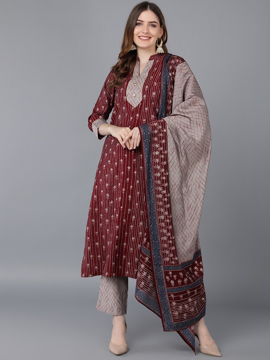 

AHIKA Women Burgundy Ethnic Motifs Printed Gotta Patti Kurta with Trousers & With Dupatta