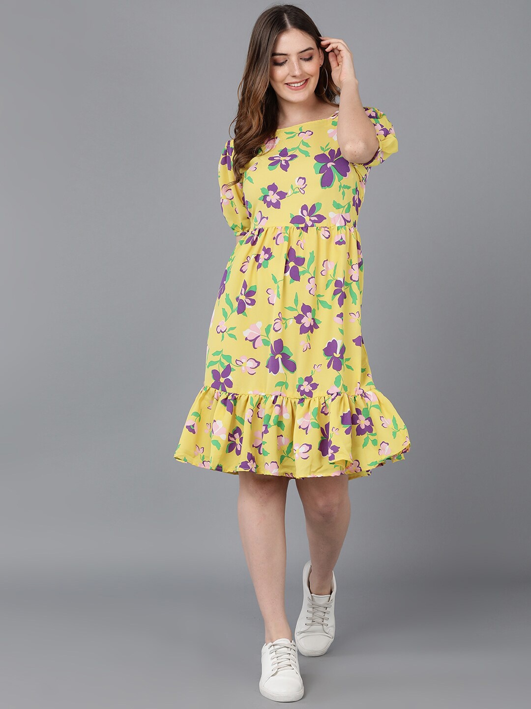 

AHIKA Women Yellow And Purple Floral Print Shoulder Strap Georgette Midi Dress