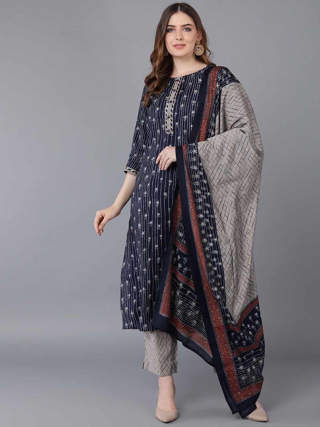 

AHIKA Women Navy Blue Ethnic Motifs Printed Kurta with Trousers & With Dupatta