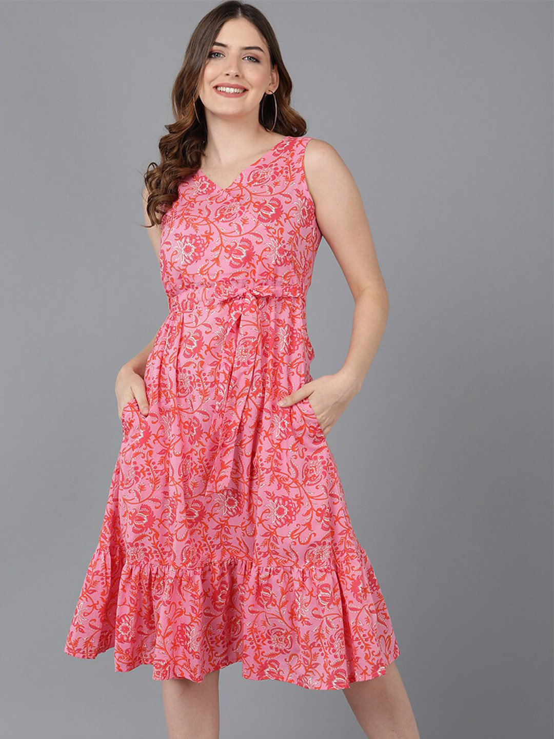 

AHIKA Women Pink Floral Cotton Midi Dress