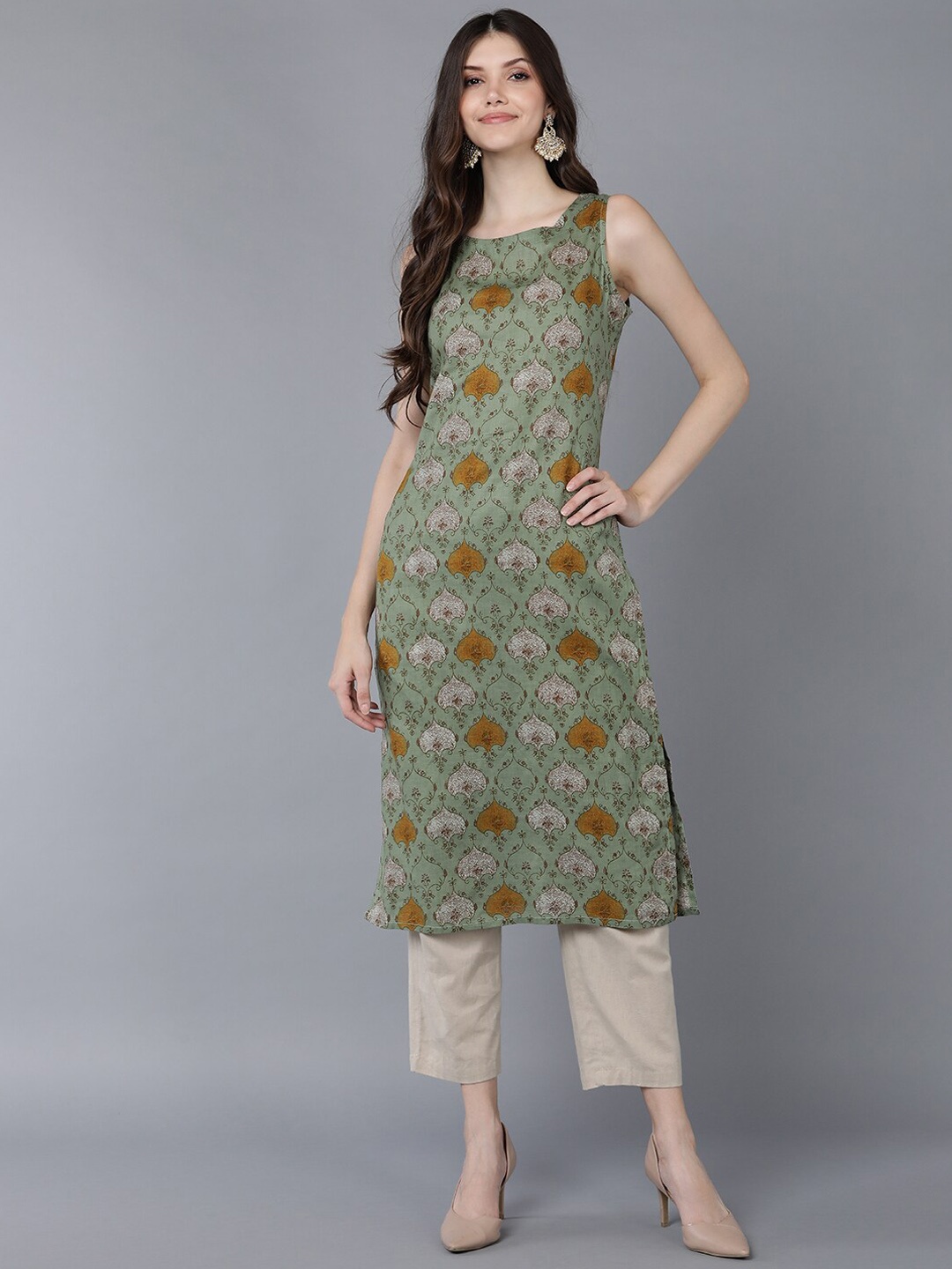 

AHIKA Women Olive Green Geometric Printed Kurta