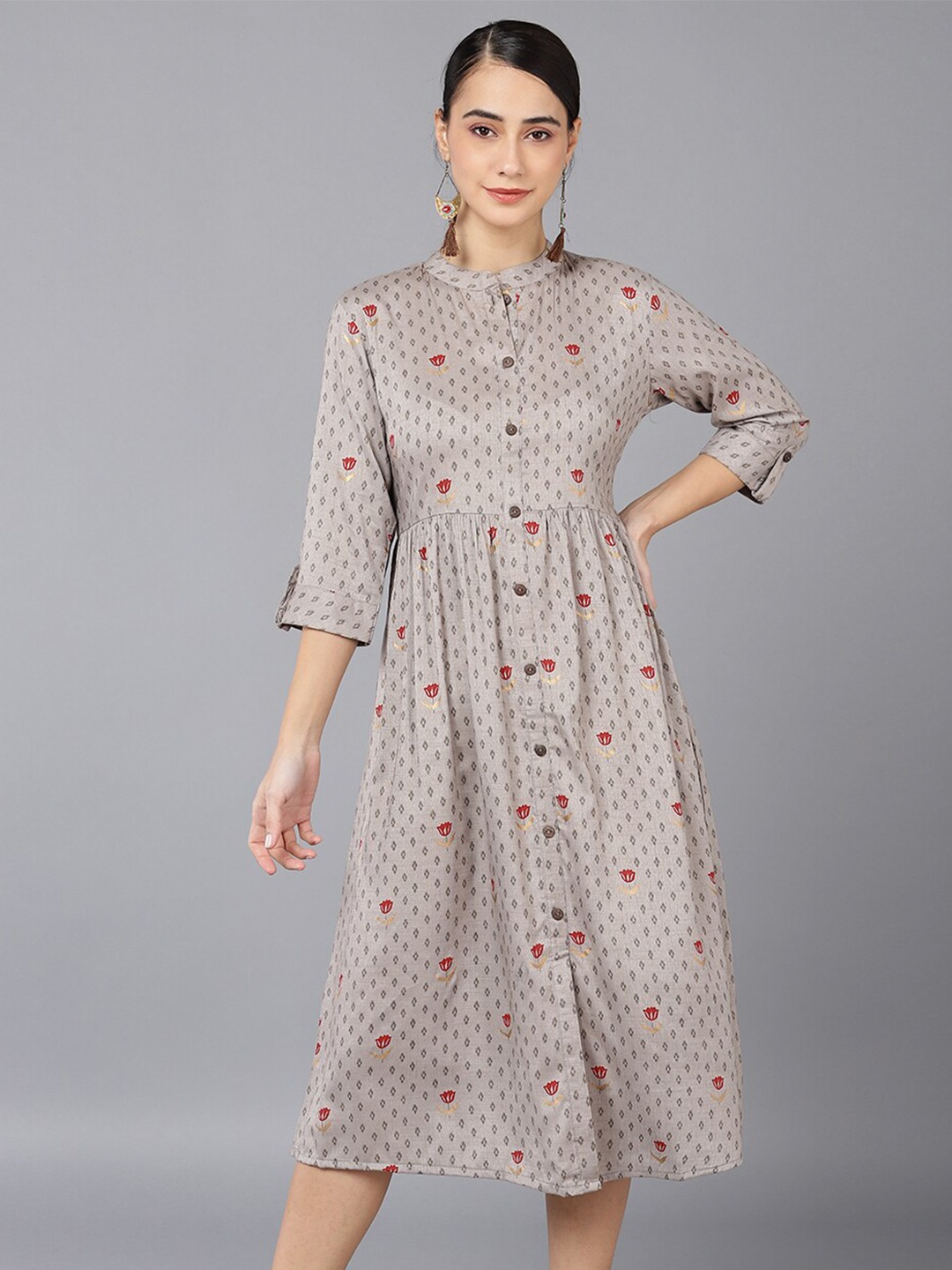 

AHIKA Women Grey & Red Floral Printed Empire Midi Dress