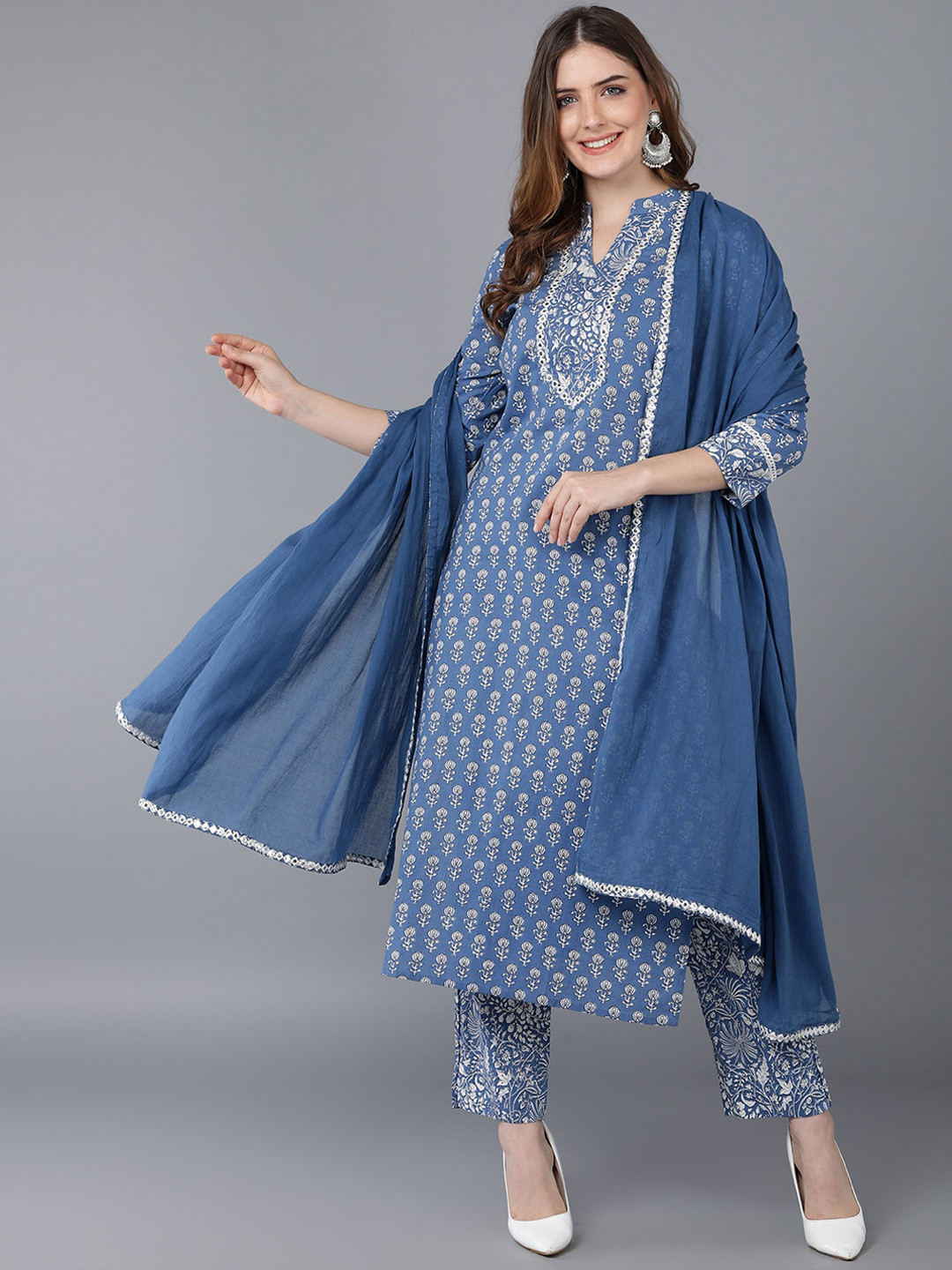 

AHIKA Women Blue Ethnic Motifs Printed Pure Cotton Kurta with Trousers & With Dupatta