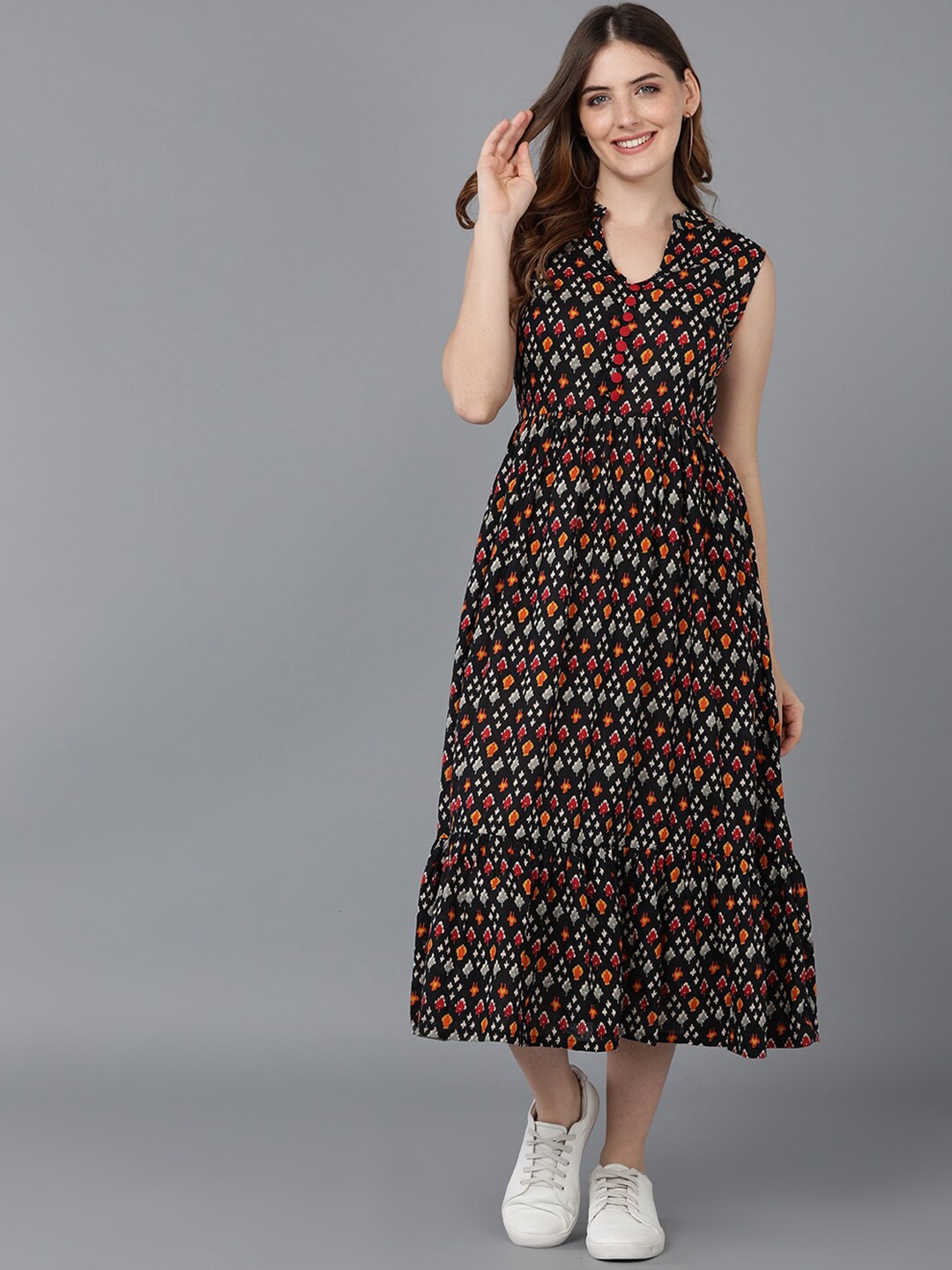 

AHIKA Black & Red Printed A-Line Midi Dress