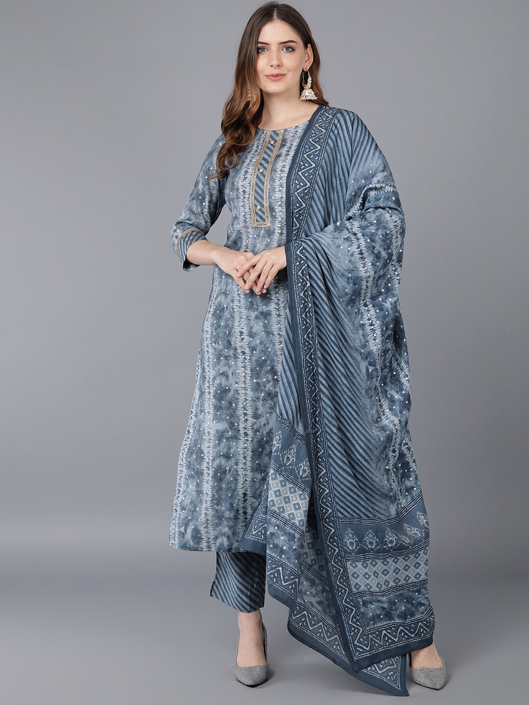 

AHIKA Women Grey Printed Straight Kurta with Trousers & With Dupatta