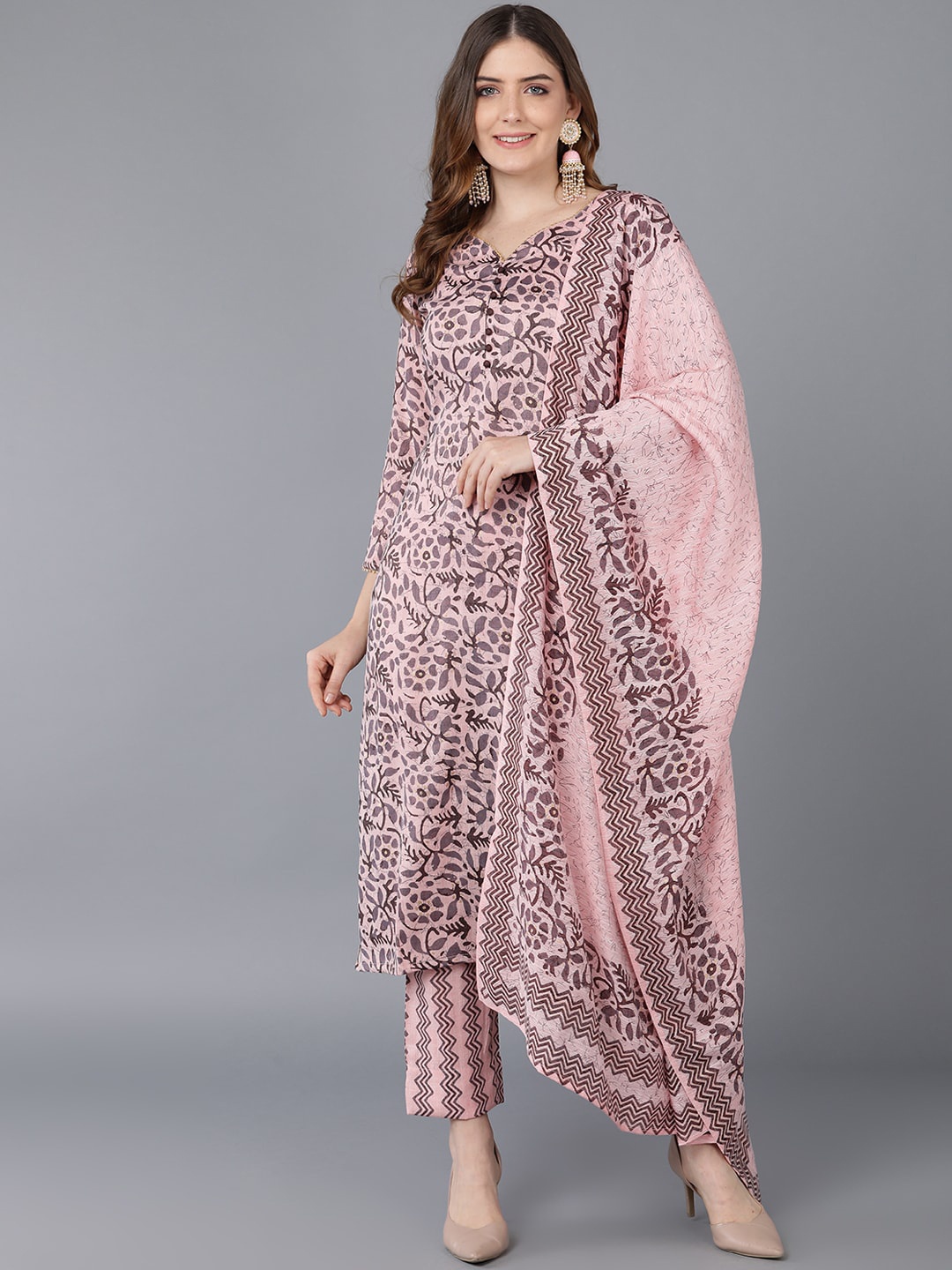 

AHIKA Women Pink Ethnic Motifs Printed Kurta with Trousers & With Dupatta