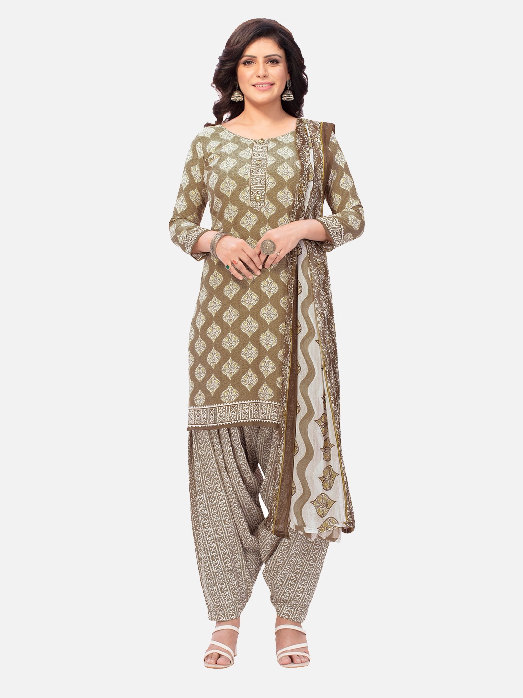 

SALWAR STUDIO Beige & White Printed Unstitched Dress Material