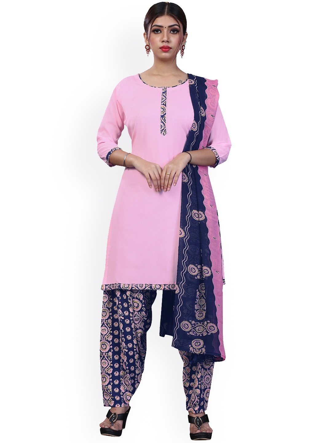 

SALWAR STUDIO Women Pink & Blue Printed Cotton Unstitched Dress Material