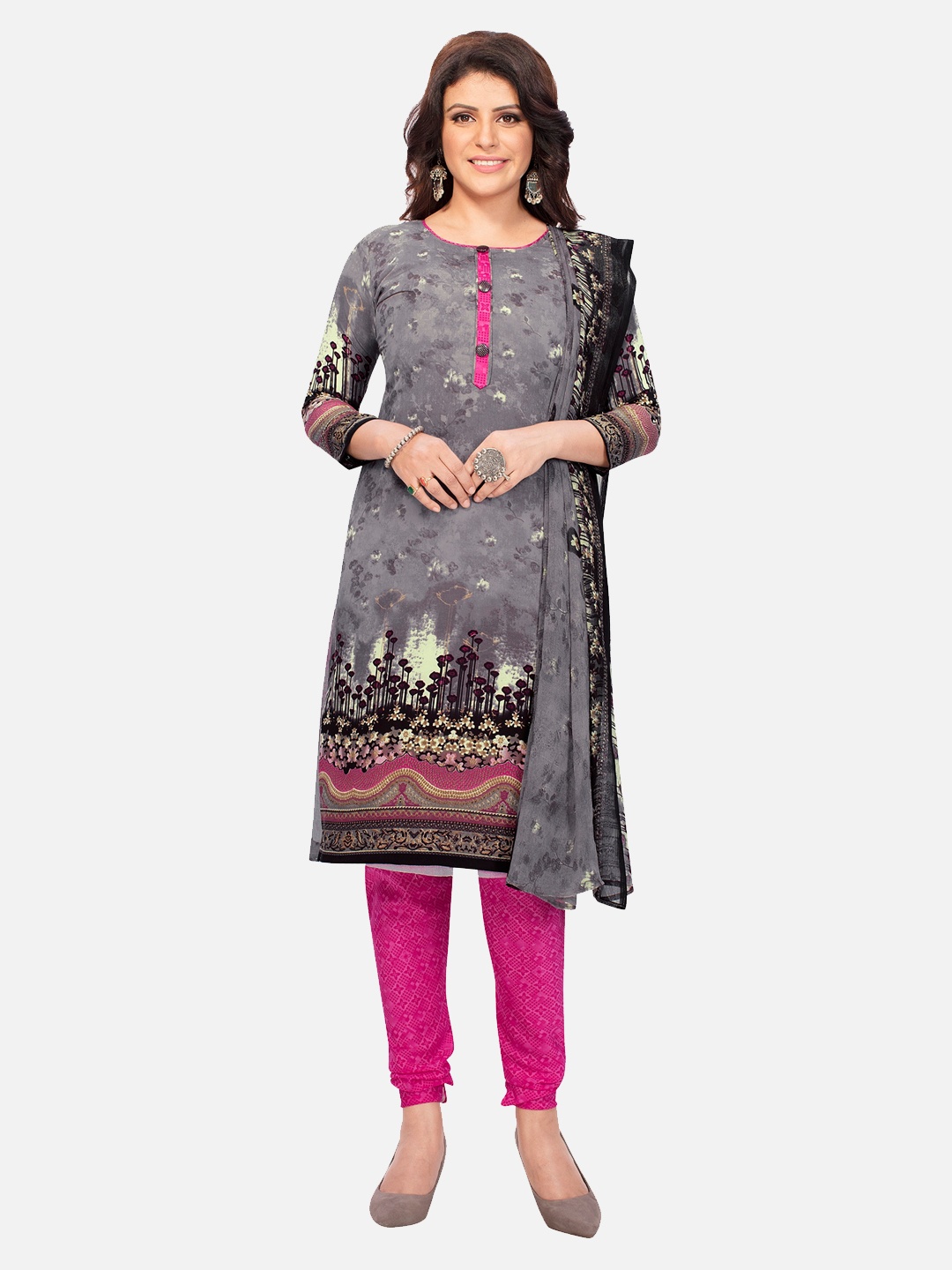

SALWAR STUDIO Grey & Pink Printed Unstitched Dress Material