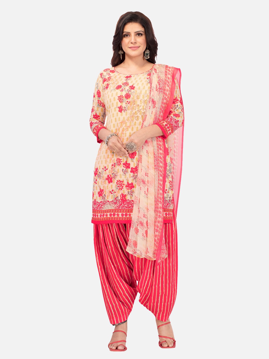 

SALWAR STUDIO Women Beige & Red Printed Unstitched Dress Material