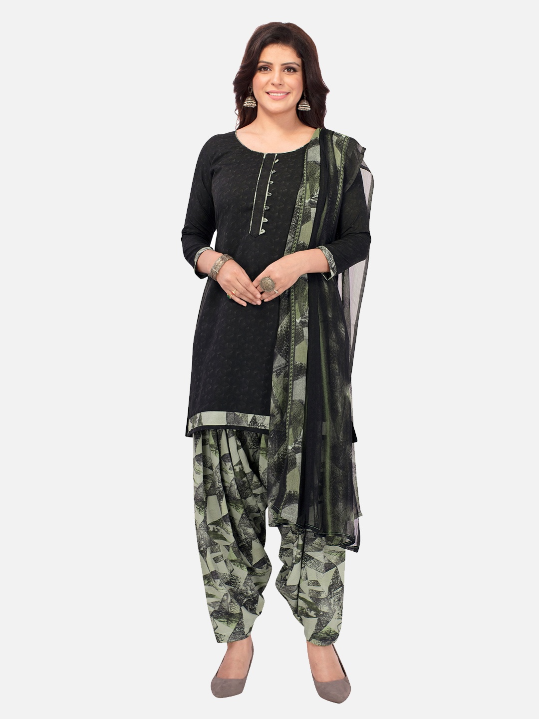 

SALWAR STUDIO Black & Grey Printed Unstitched Dress Material