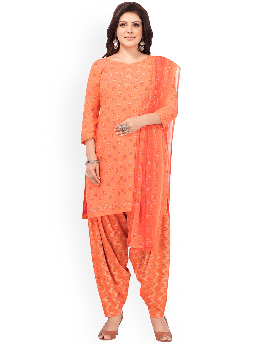 

SALWAR STUDIO Orange & White Printed Unstitched Dress Material