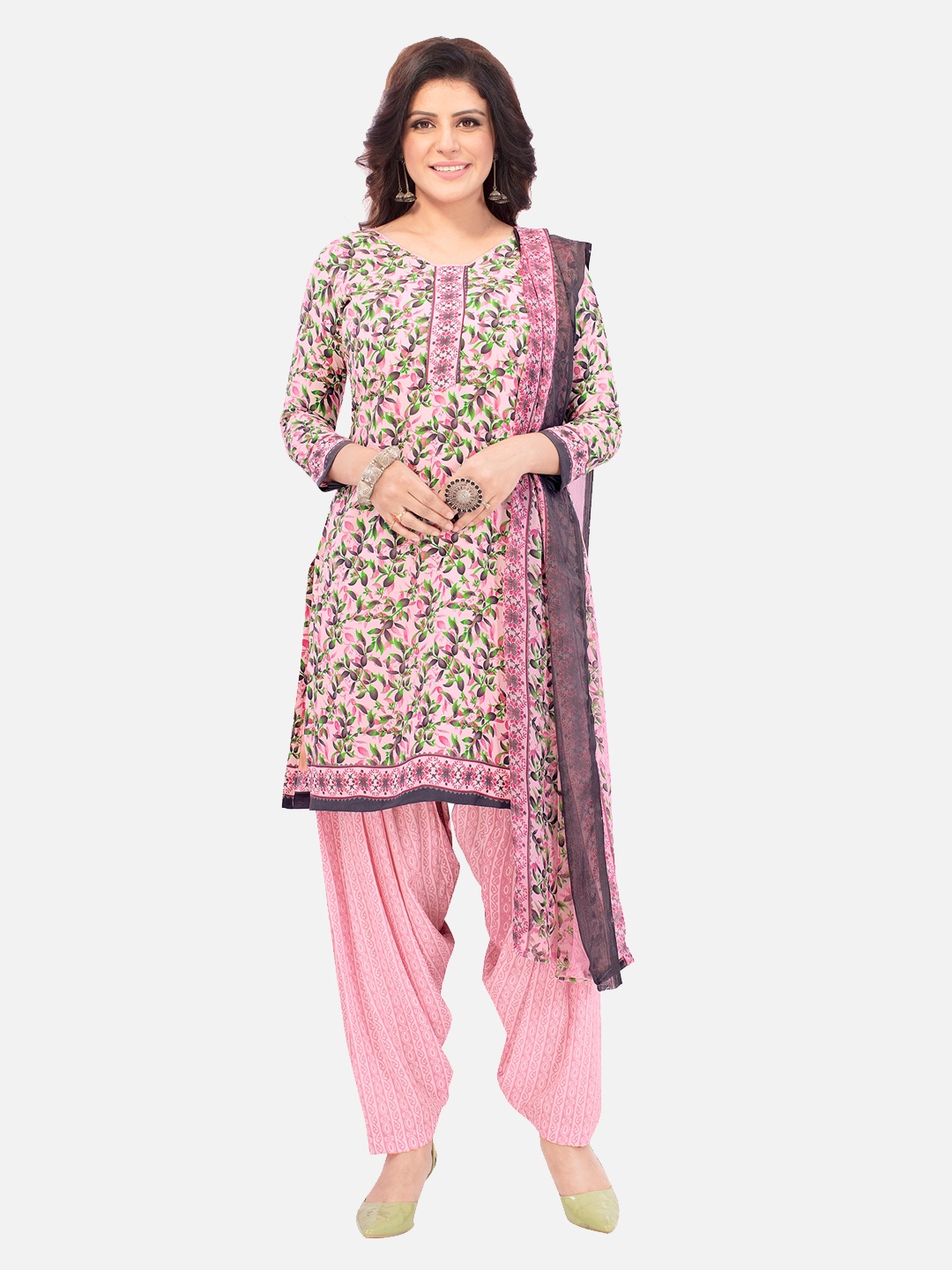 

SALWAR STUDIO Pink & Grey Printed Unstitched Dress Material