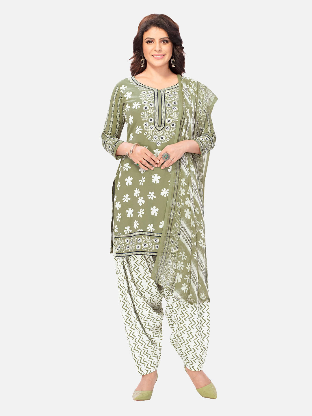 

SALWAR STUDIO Green & White Printed Unstitched Dress Material