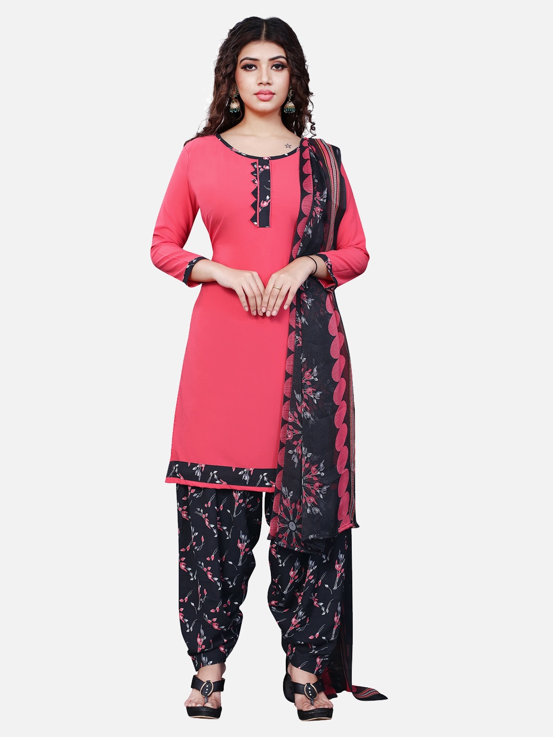 

SALWAR STUDIO Pink & Black Printed Unstitched Dress Material