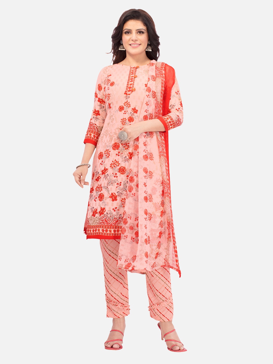 

SALWAR STUDIO Women Peach-Coloured & Orange Printed Unstitched Dress Material