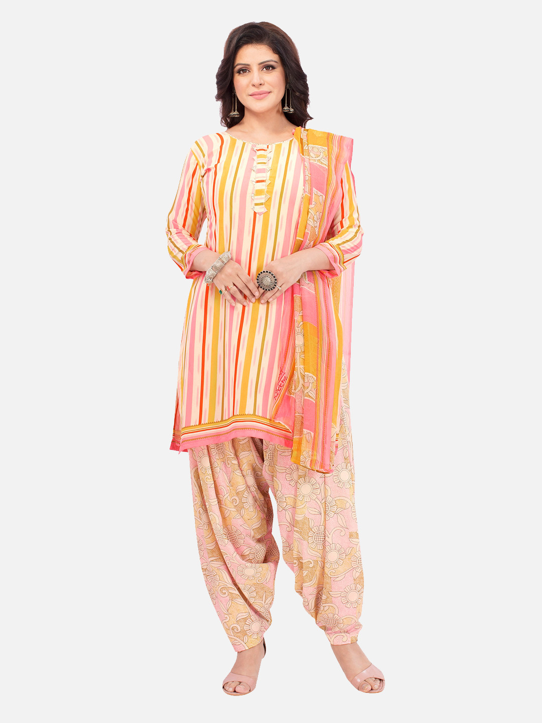

SALWAR STUDIO Pink & Yellow Printed Unstitched Dress Material