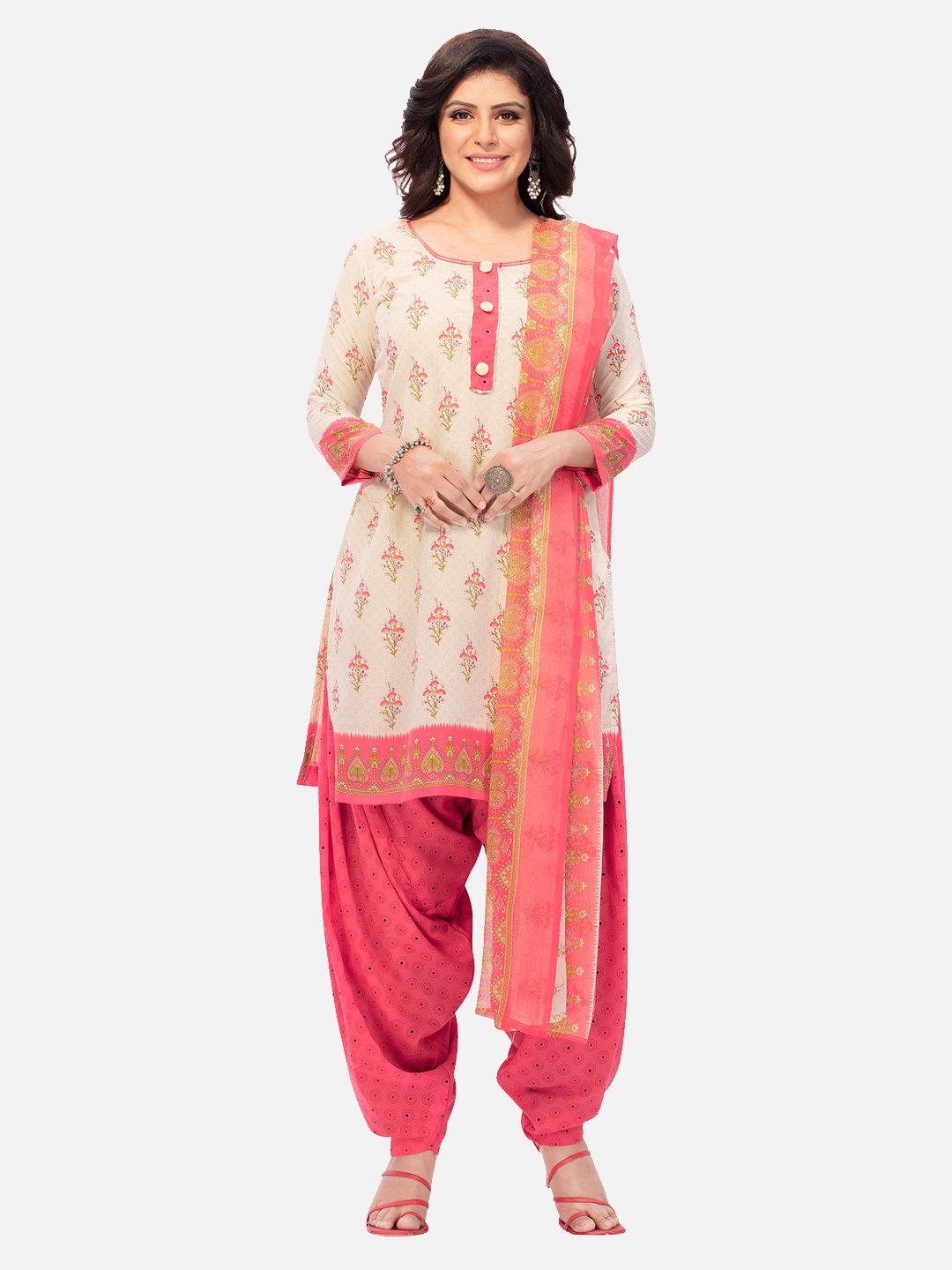 

SALWAR STUDIO White & Pink Printed Unstitched Dress Material