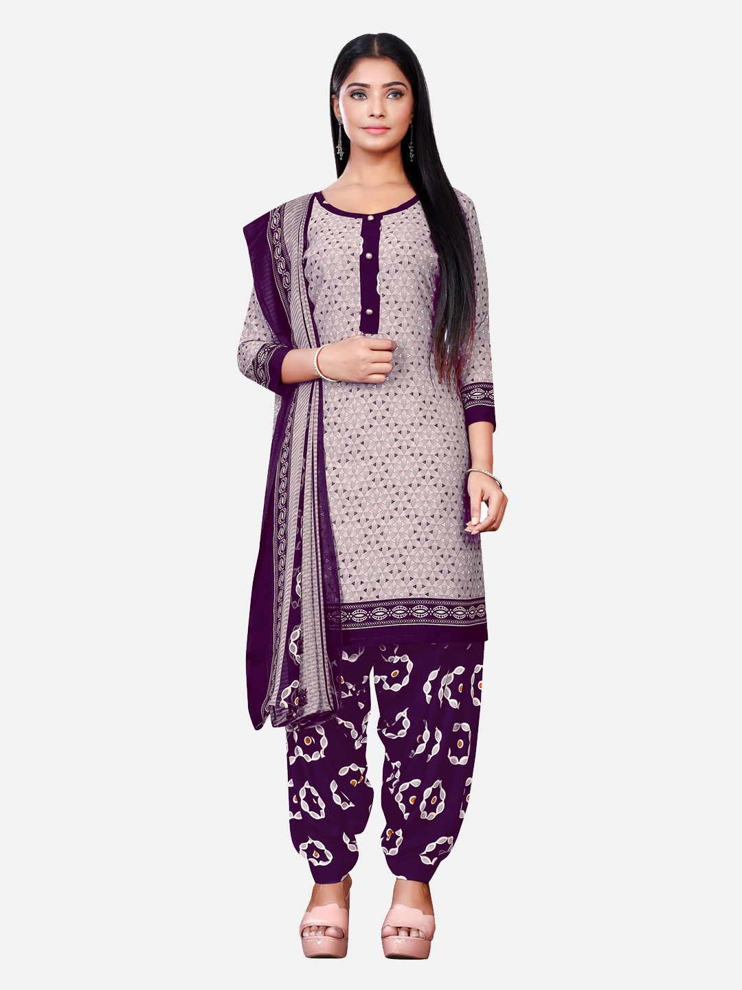 

SALWAR STUDIO Women Grey & Purple Printed Unstitched Dress Material