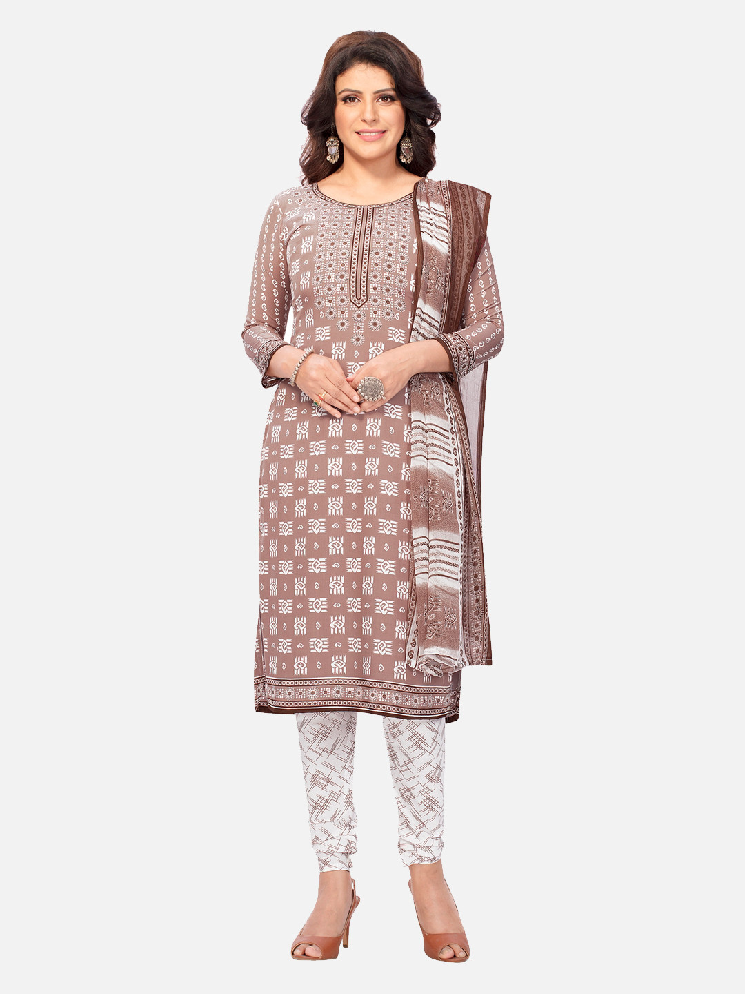 

SALWAR STUDIO Brown & White Printed Unstitched Dress Material