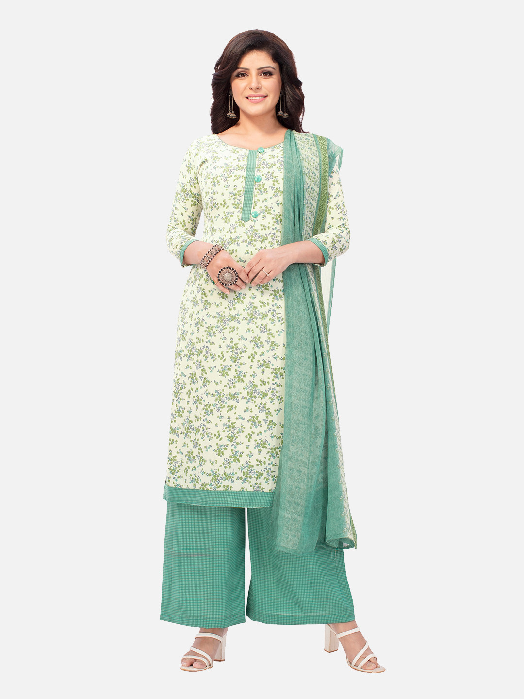 

SALWAR STUDIO White & Green Printed Pure Cotton Unstitched Dress Material