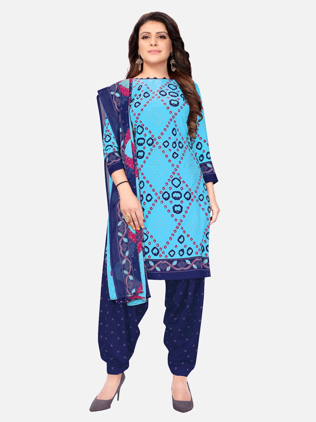 

SALWAR STUDIO Blue & Pink Printed Unstitched Dress Material
