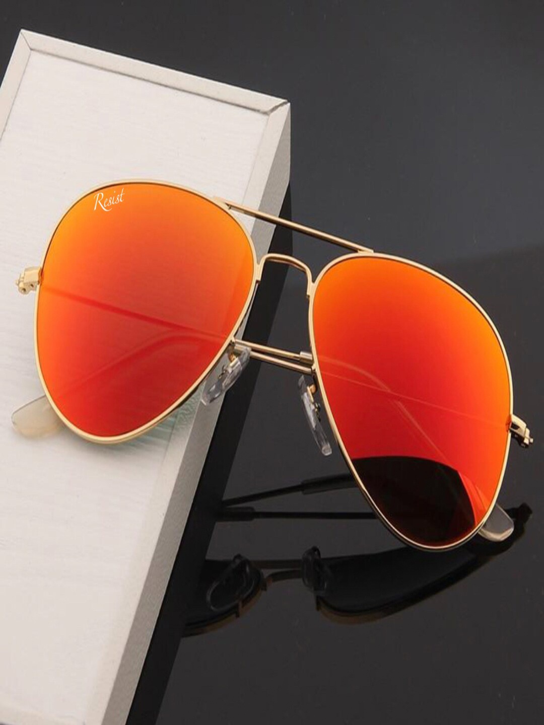 

RESIST EYEWEAR Unisex Orange Lens & Gold-Toned Aviator Sunglasses with UV Protected Lens