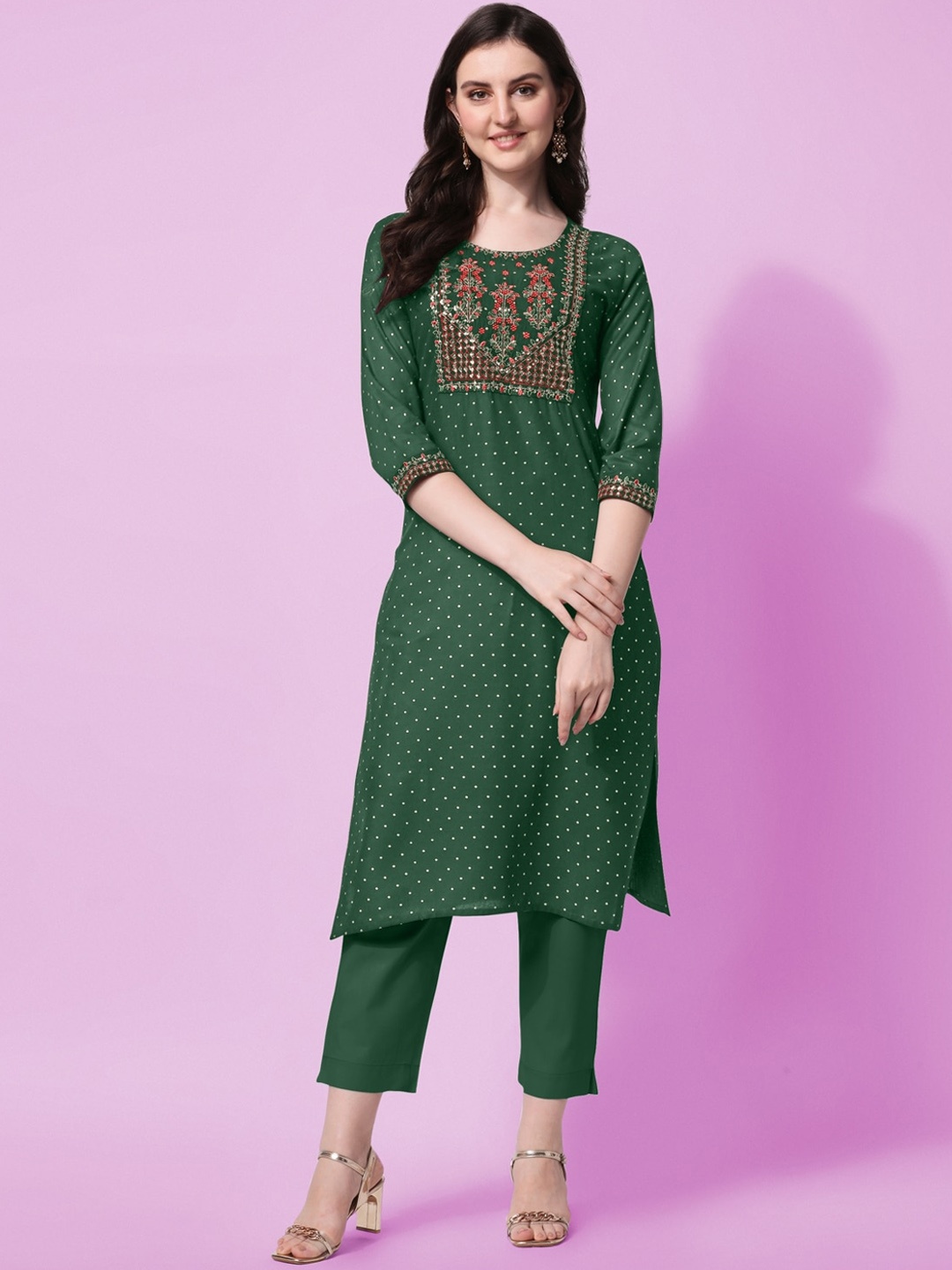 

KALINI Women Green Ethnic Motifs Yoke Design Thread Work Kurta