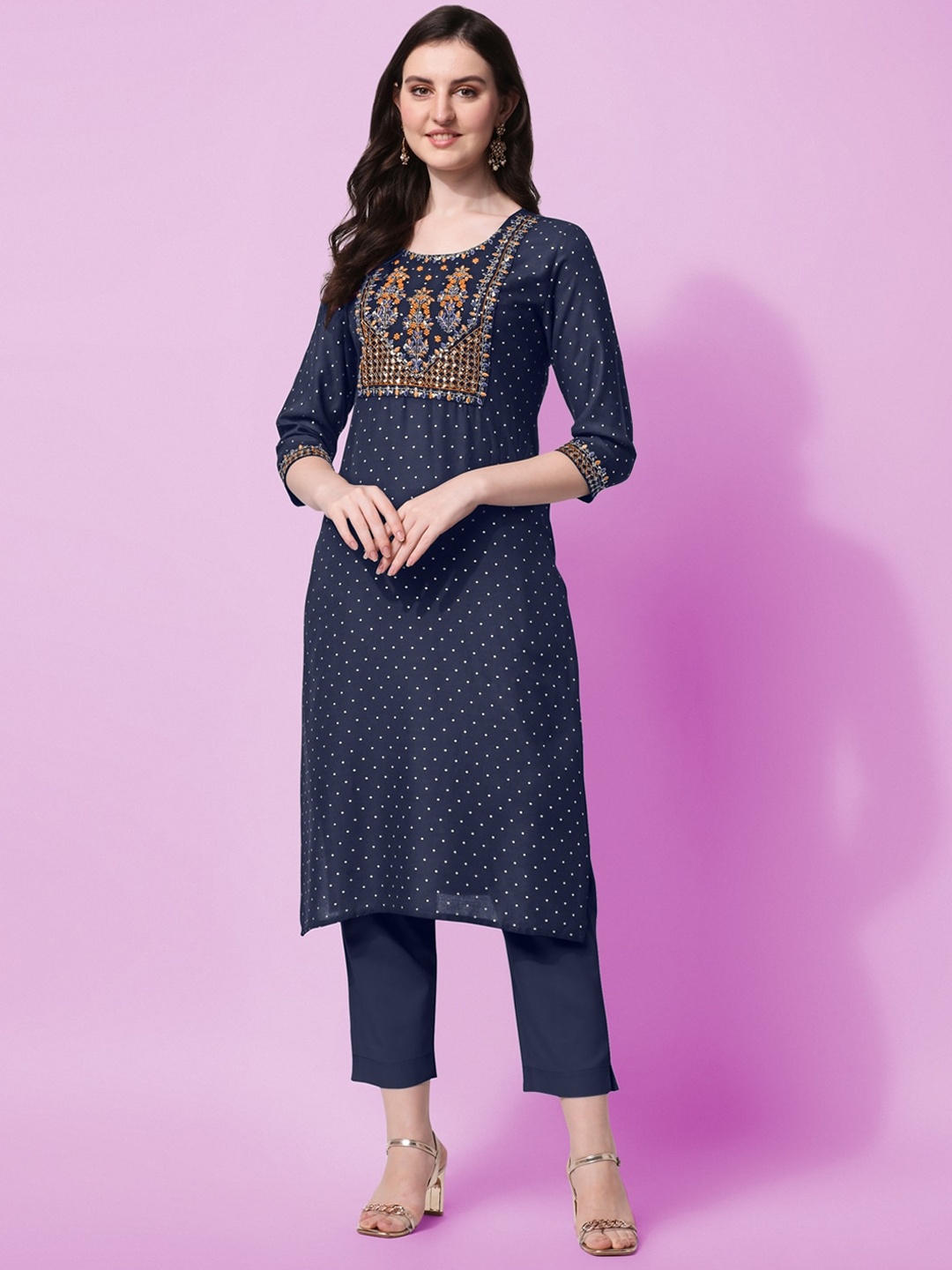 

KALINI Women Navy Blue Ethnic Motifs Yoke Design Thread Work Kurta