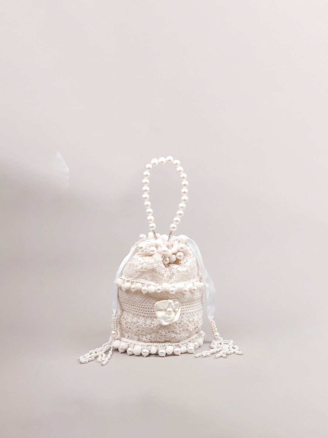 

ODETTE Off White & White Embroidered Potli Clutch