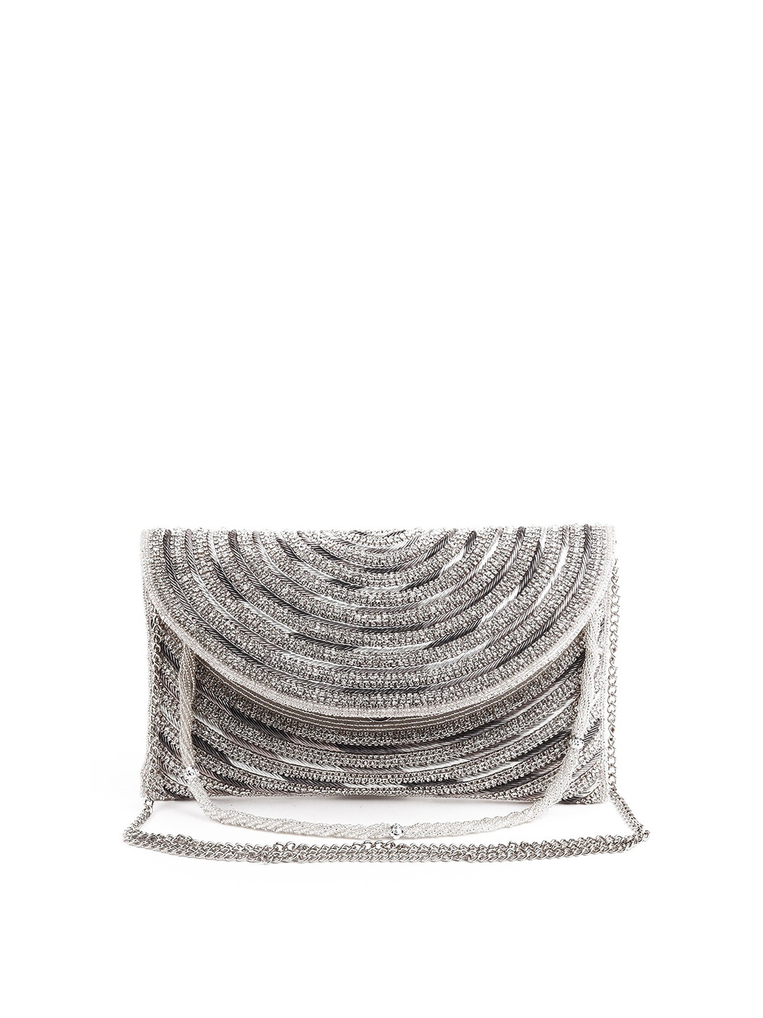 

ODETTE Women Silver-Toned Embroidered Foldover Clutch With Sling Strap