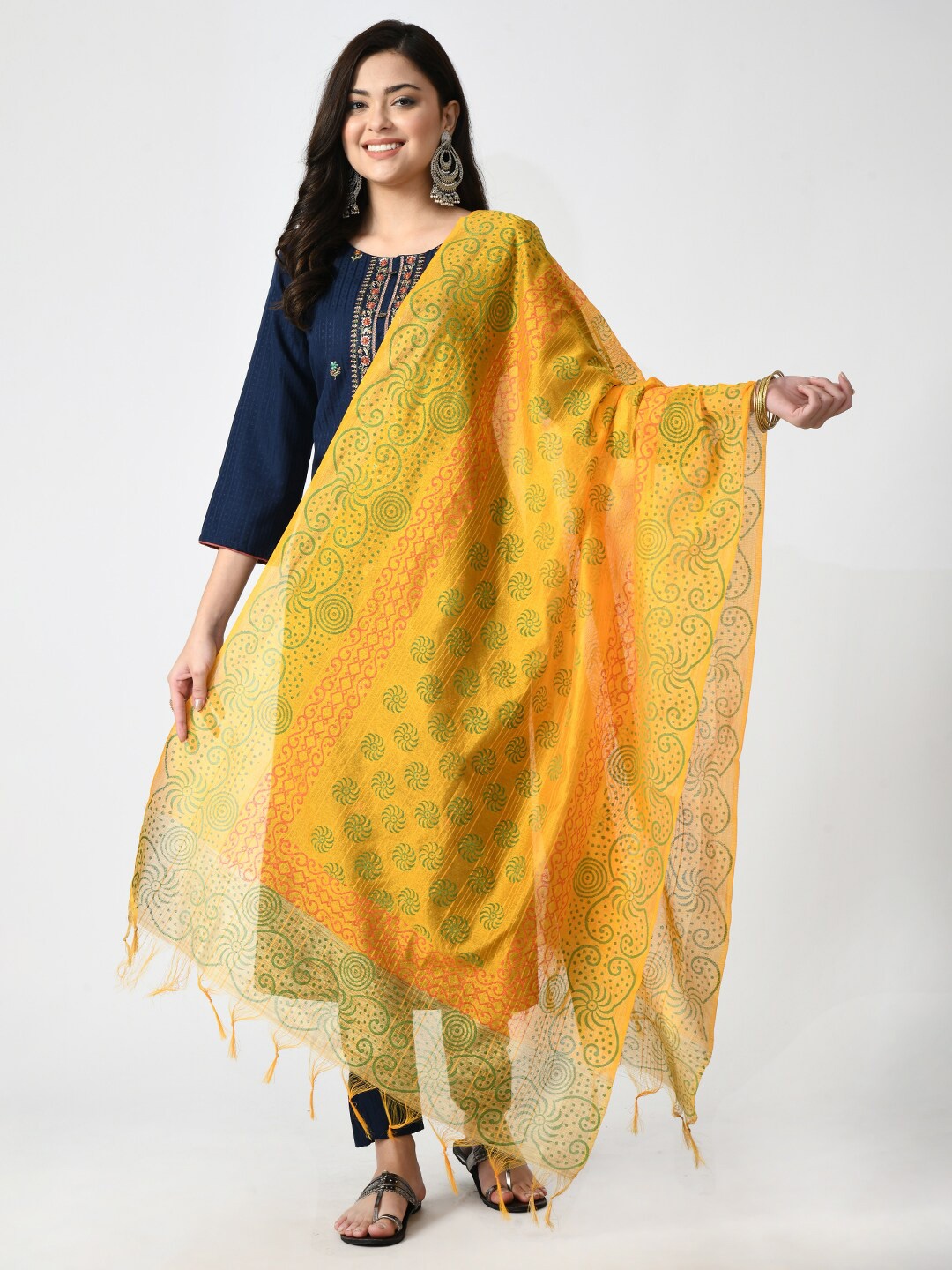 

Akshatani Mustard & Green Printed Organza Block Print Dupatta