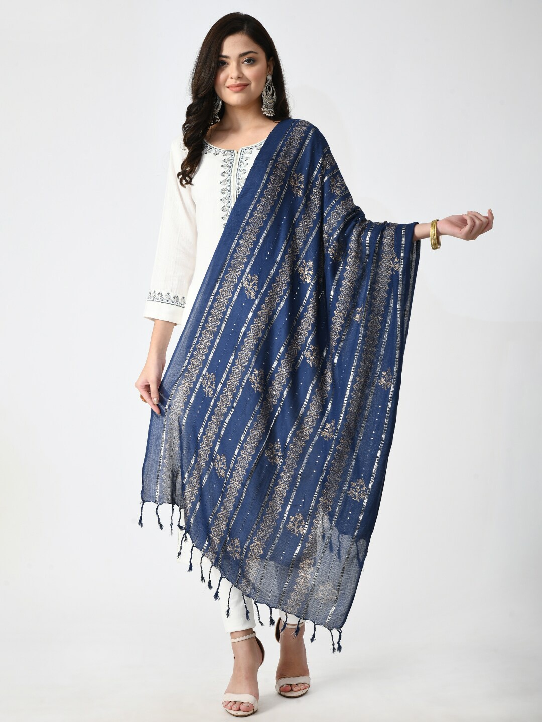 

Akshatani Blue & Gold-Toned Printed Viscose Rayon Dupatta with Sequinned