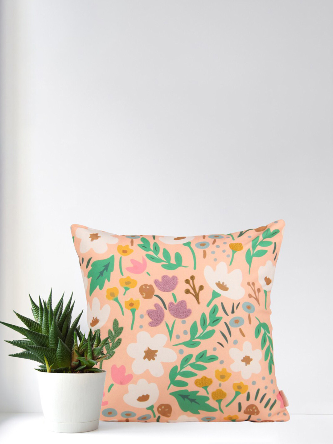 

Home Peach-Coloured & Green Floral Square Cheerful Polyduck Cushion Covers