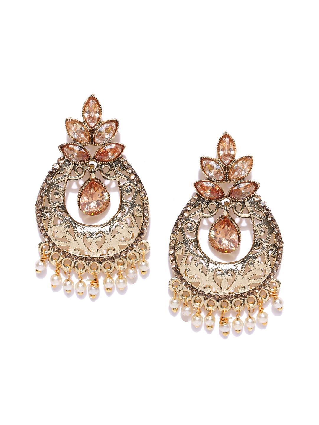 

Zaveri Pearls Gold-Toned & Peach-Coloured Teardrop-Shaped Drop Earrings